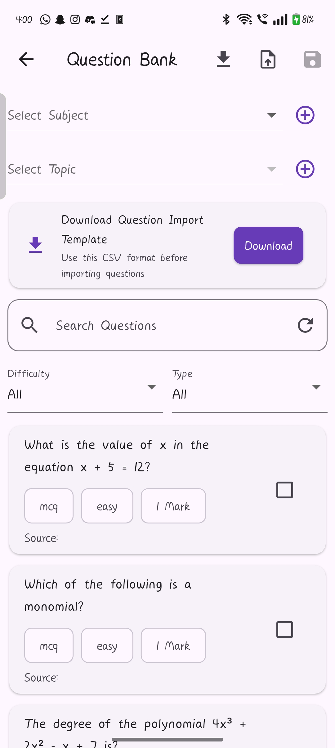 Question Bank Interface Preview
